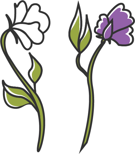 A purple flower and a white flower.